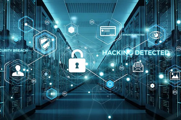 White and blue firewall activated on server room data center 3D rendering